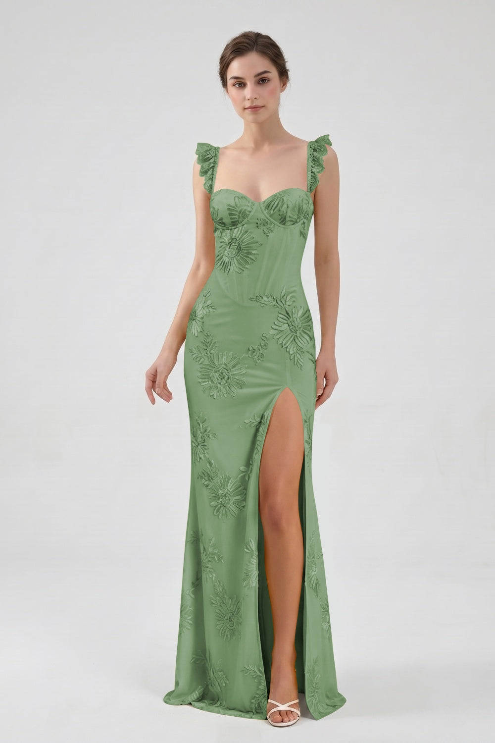 Yellow Spaghetti Straps Floral Tulle Sheath Prom Dress with Slit