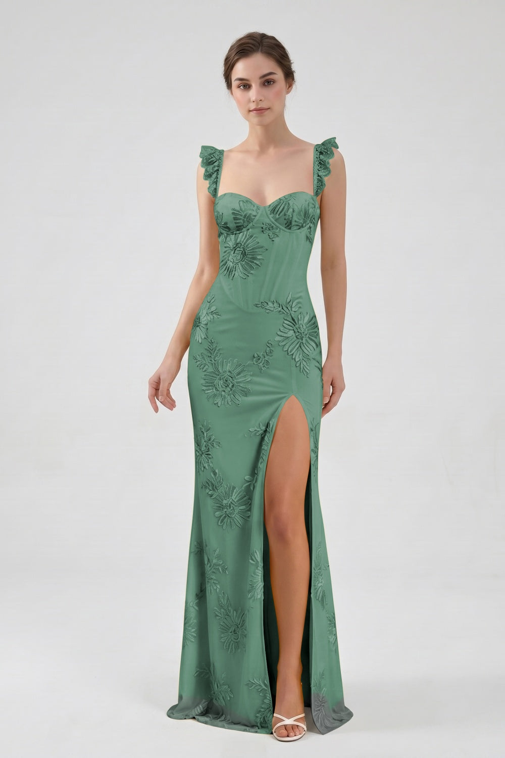 Yellow Spaghetti Straps Floral Tulle Sheath Prom Dress with Slit