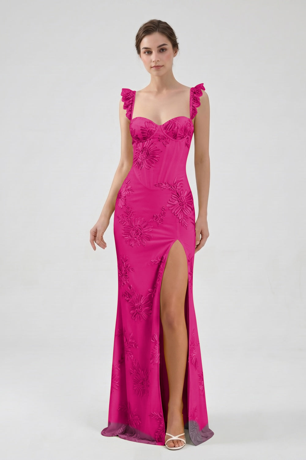Yellow Spaghetti Straps Floral Tulle Sheath Prom Dress with Slit