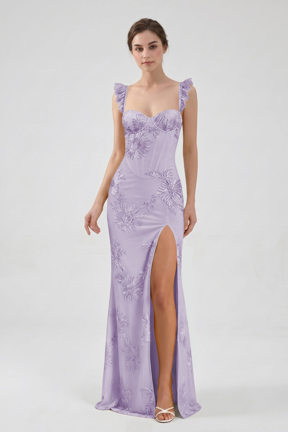 Yellow Spaghetti Straps Floral Tulle Sheath Prom Dress with Slit