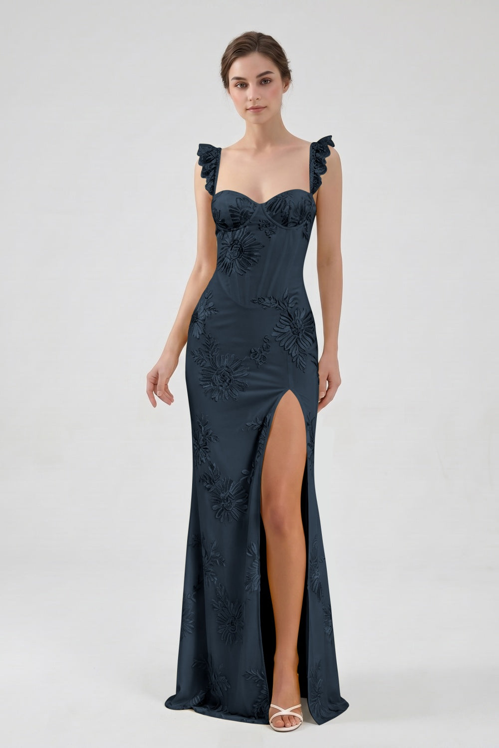 Yellow Spaghetti Straps Floral Tulle Sheath Prom Dress with Slit