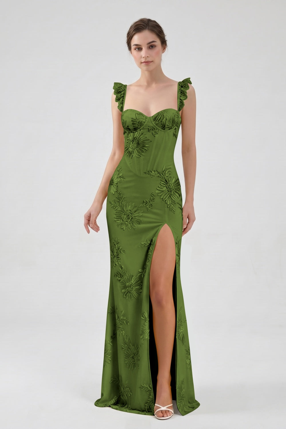 Yellow Spaghetti Straps Floral Tulle Sheath Prom Dress with Slit