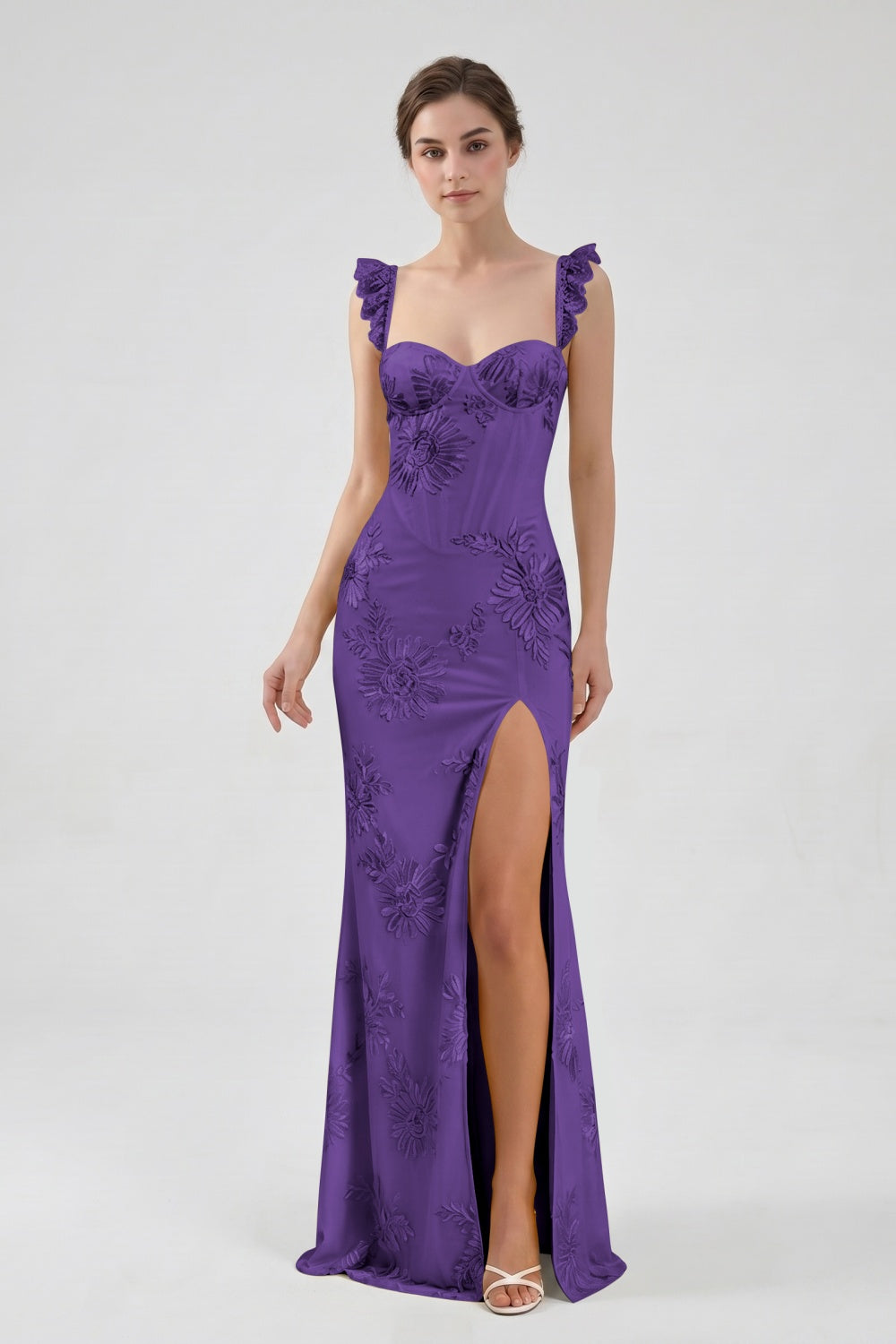 Yellow Spaghetti Straps Floral Tulle Sheath Prom Dress with Slit