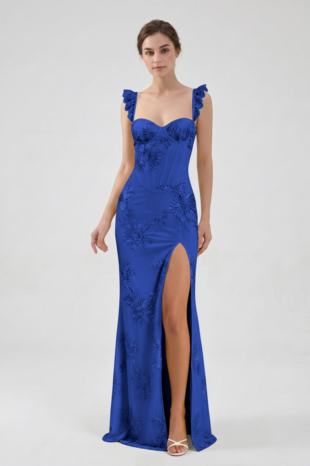 Yellow Spaghetti Straps Floral Tulle Sheath Prom Dress with Slit