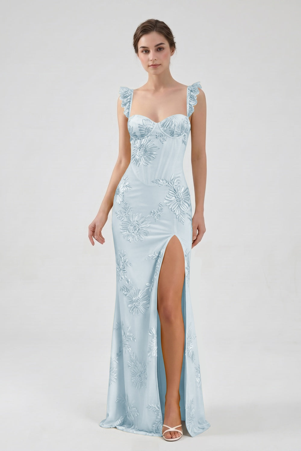 Yellow Spaghetti Straps Floral Tulle Sheath Prom Dress with Slit