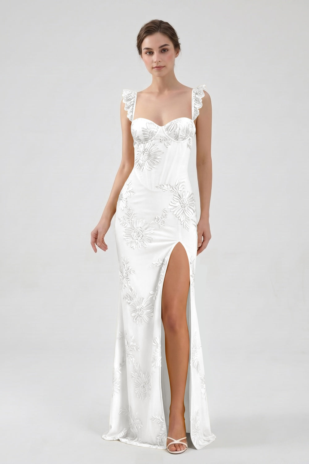 Yellow Spaghetti Straps Floral Tulle Sheath Prom Dress with Slit