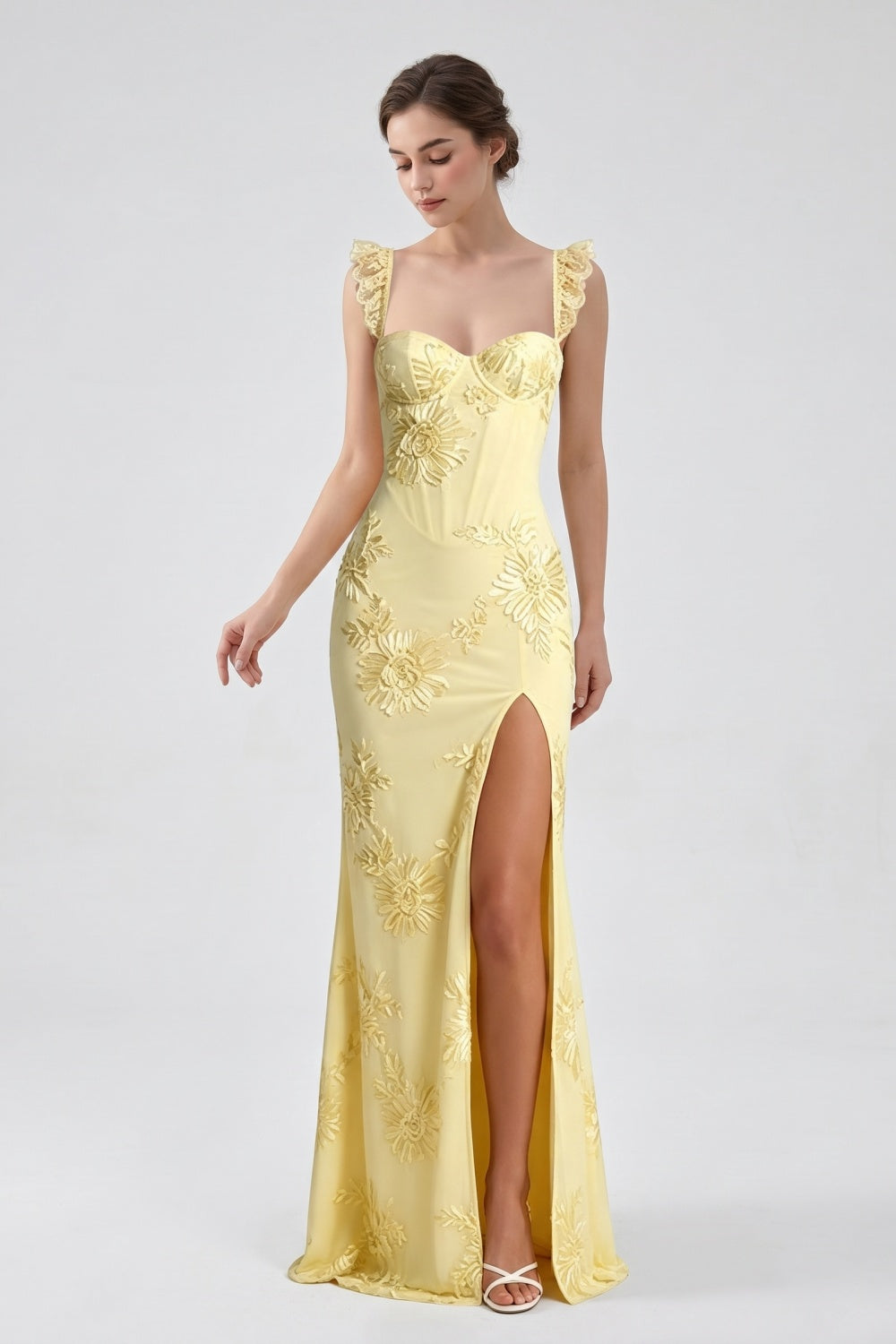 Yellow Spaghetti Straps Floral Tulle Sheath Prom Dress with Slit