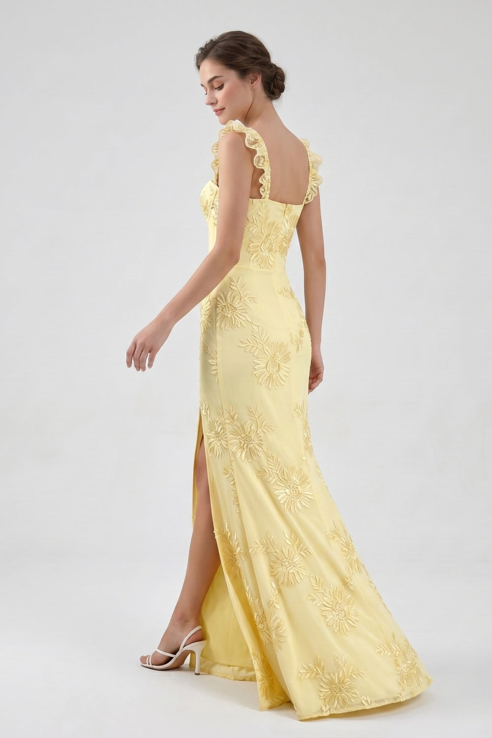 Yellow Spaghetti Straps Floral Tulle Sheath Prom Dress with Slit