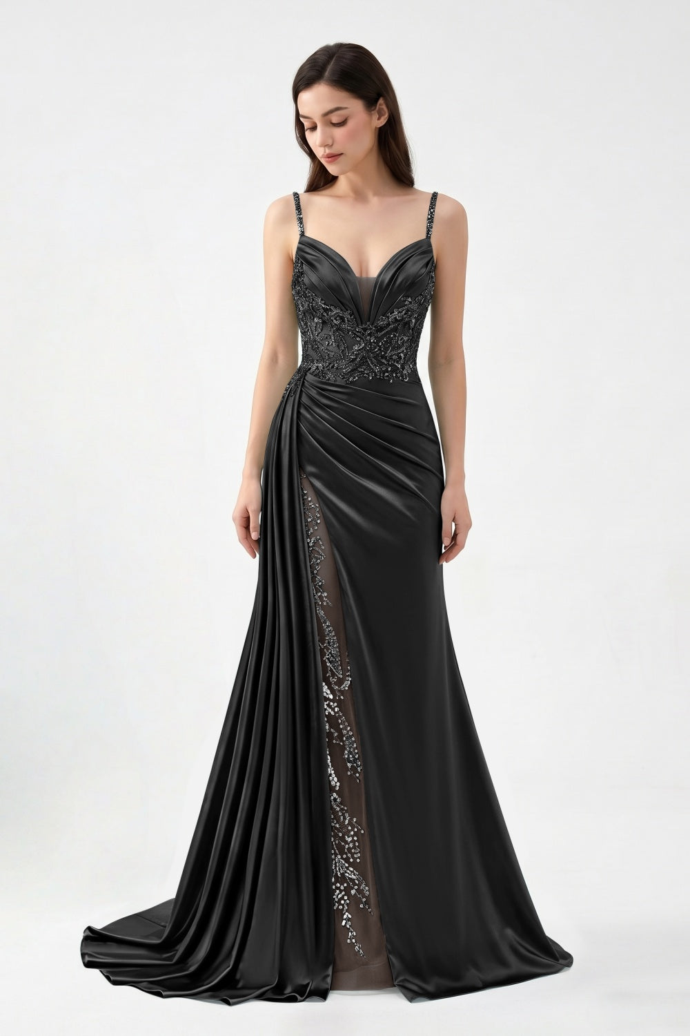 Spaghetti Straps Turquoise Satin Appliqued Sheath Prom Dress with Slit