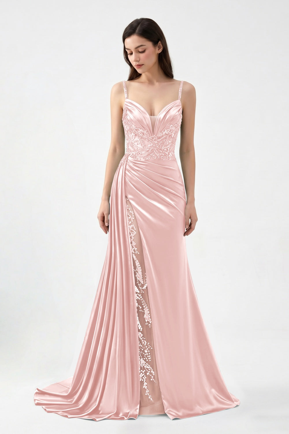 Spaghetti Straps Turquoise Satin Appliqued Sheath Prom Dress with Slit