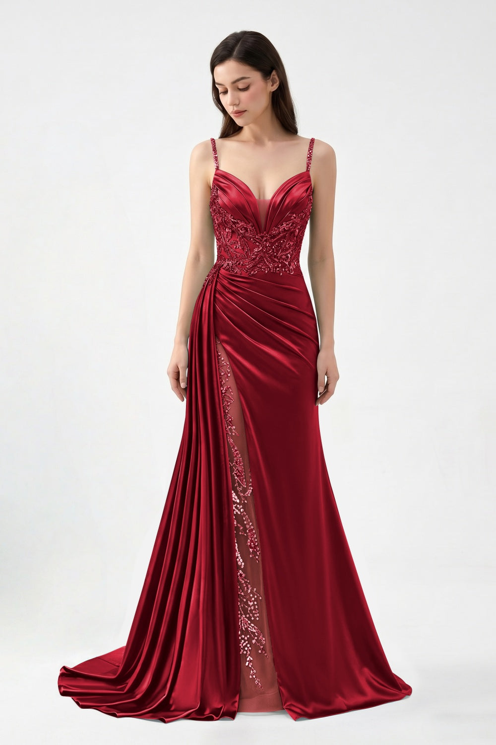 Spaghetti Straps Turquoise Satin Appliqued Sheath Prom Dress with Slit