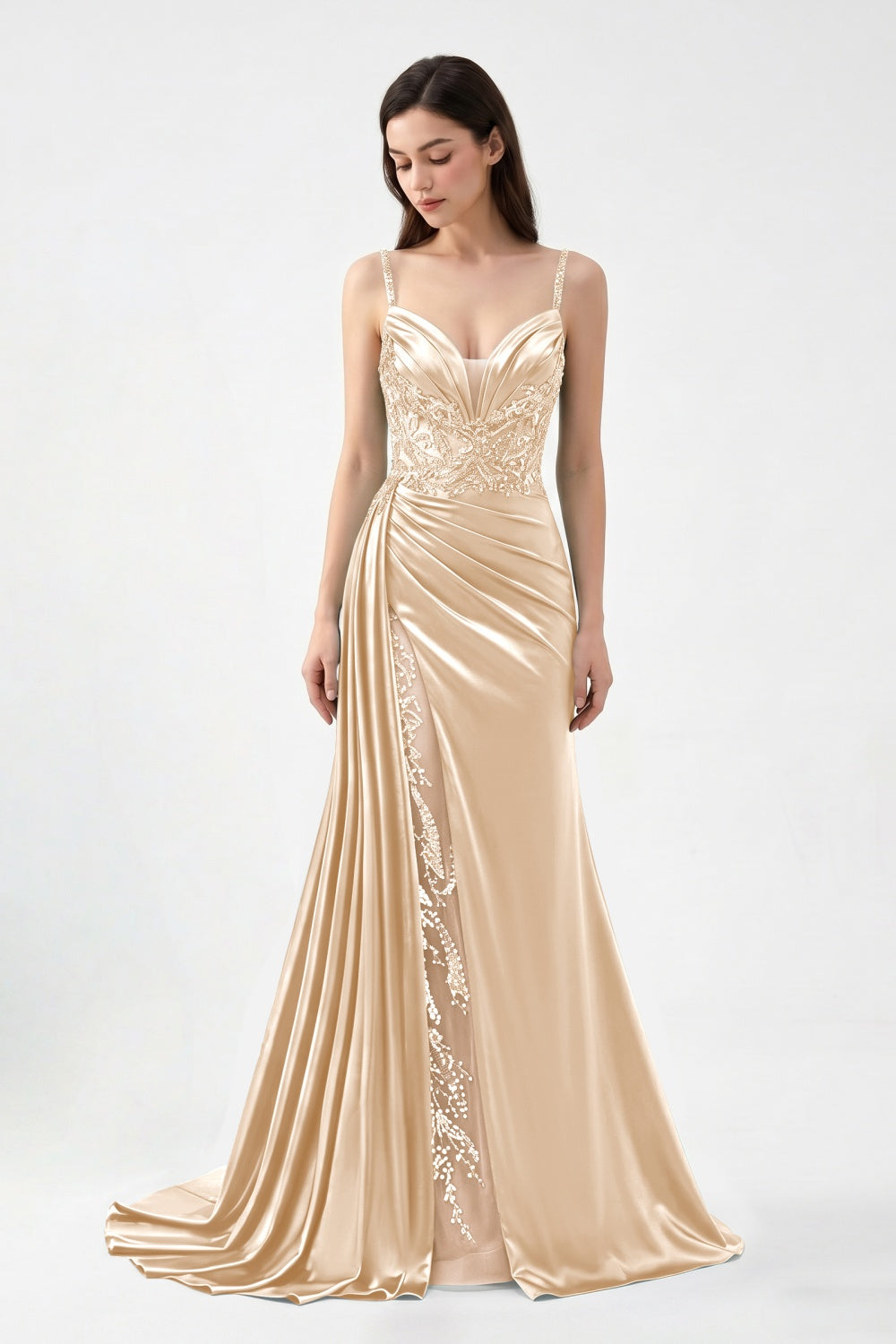 Spaghetti Straps Turquoise Satin Appliqued Sheath Prom Dress with Slit