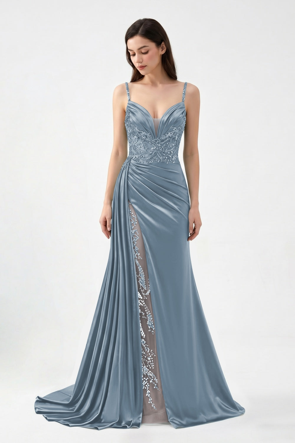 Spaghetti Straps Turquoise Satin Appliqued Sheath Prom Dress with Slit