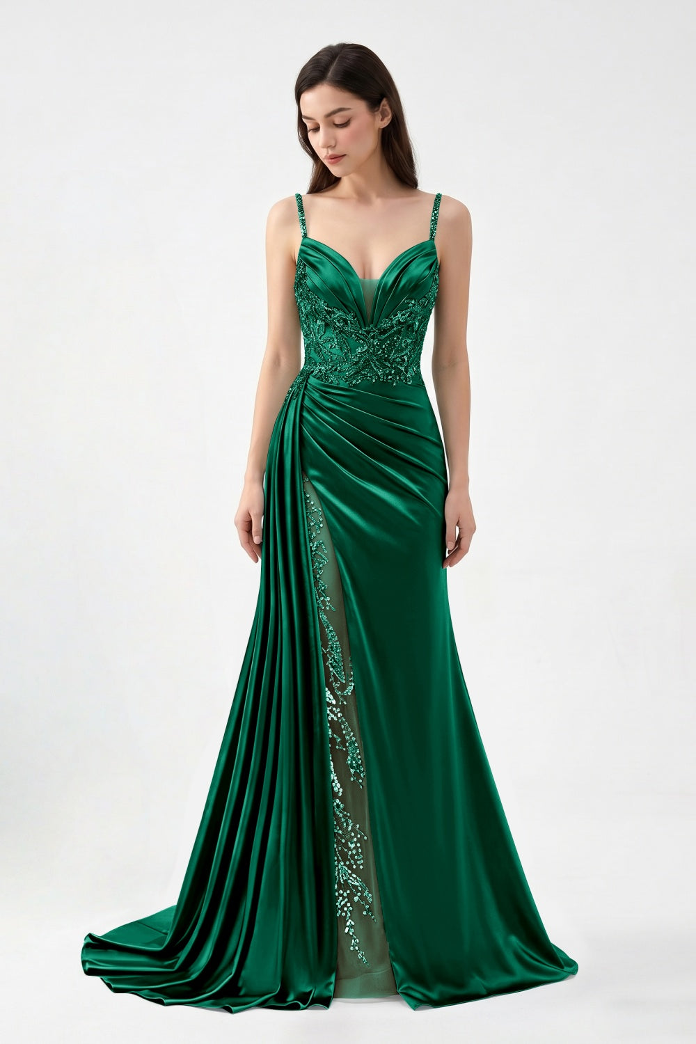 Spaghetti Straps Turquoise Satin Appliqued Sheath Prom Dress with Slit