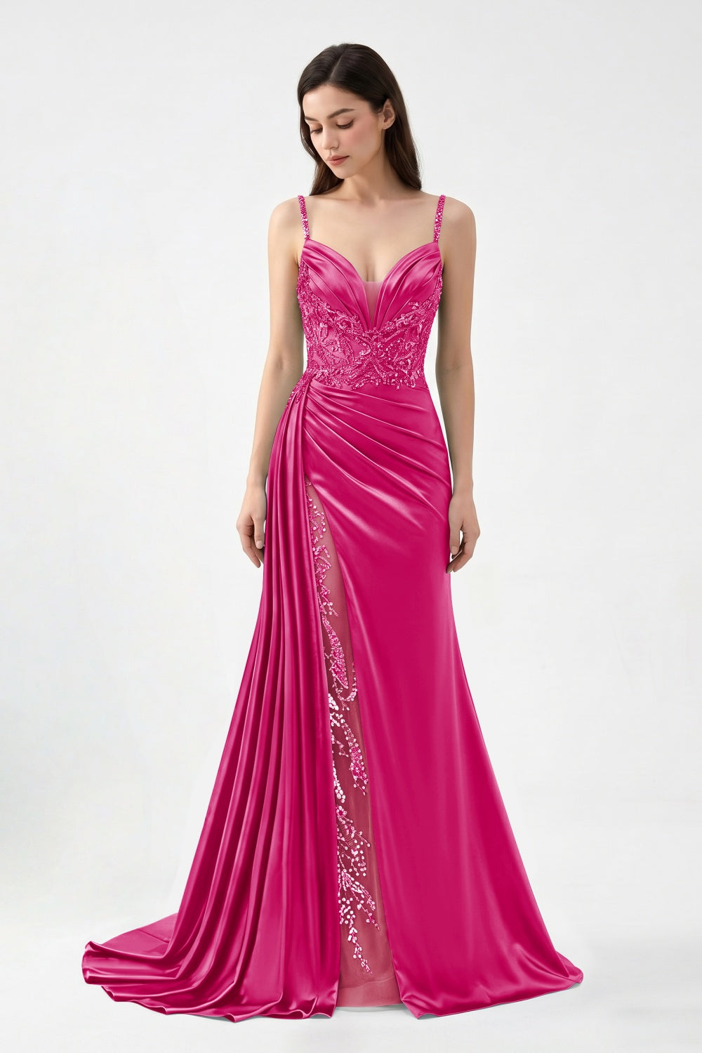 Spaghetti Straps Turquoise Satin Appliqued Sheath Prom Dress with Slit