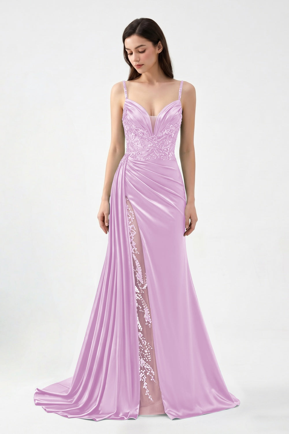Spaghetti Straps Turquoise Satin Appliqued Sheath Prom Dress with Slit