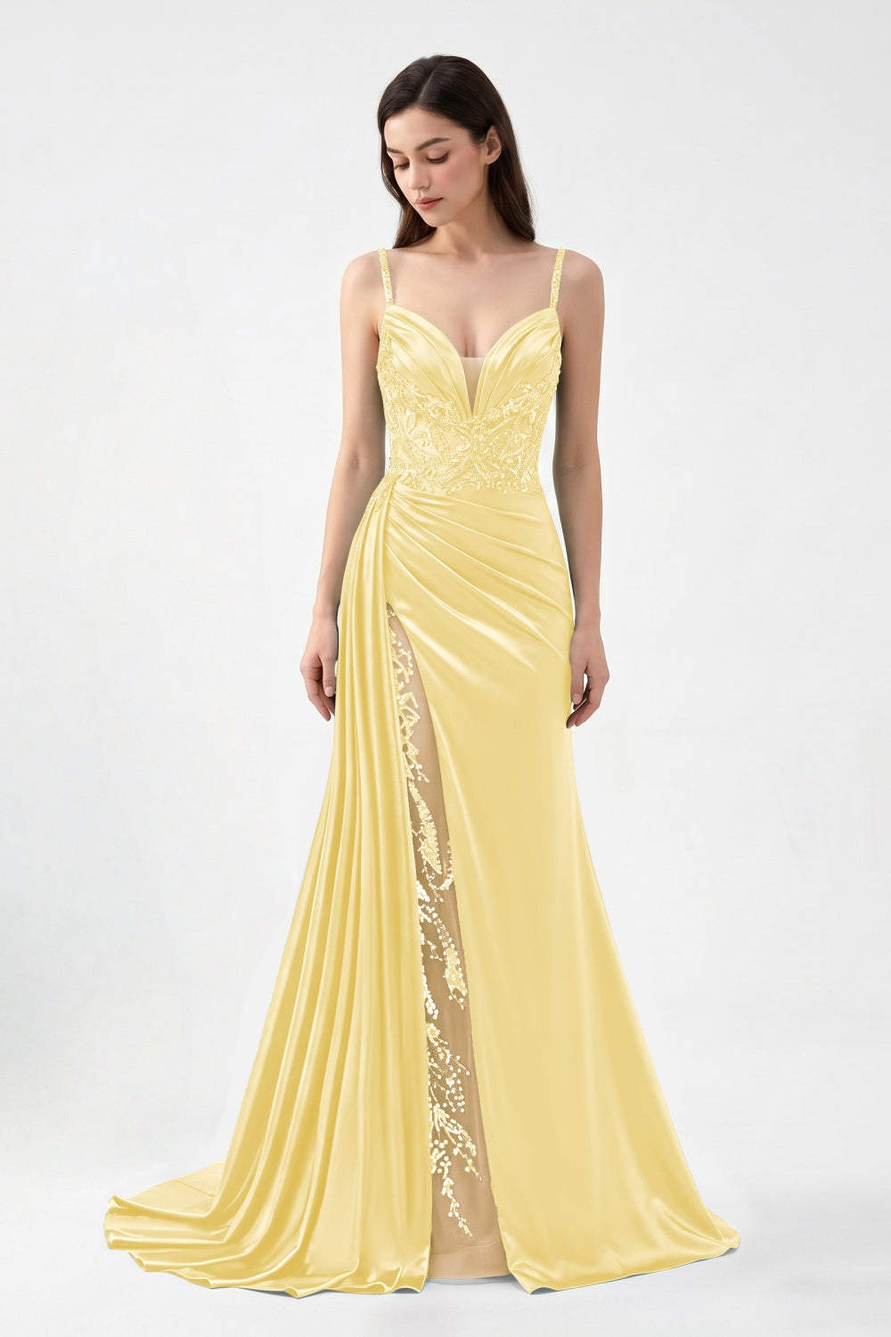 Spaghetti Straps Turquoise Satin Appliqued Sheath Prom Dress with Slit