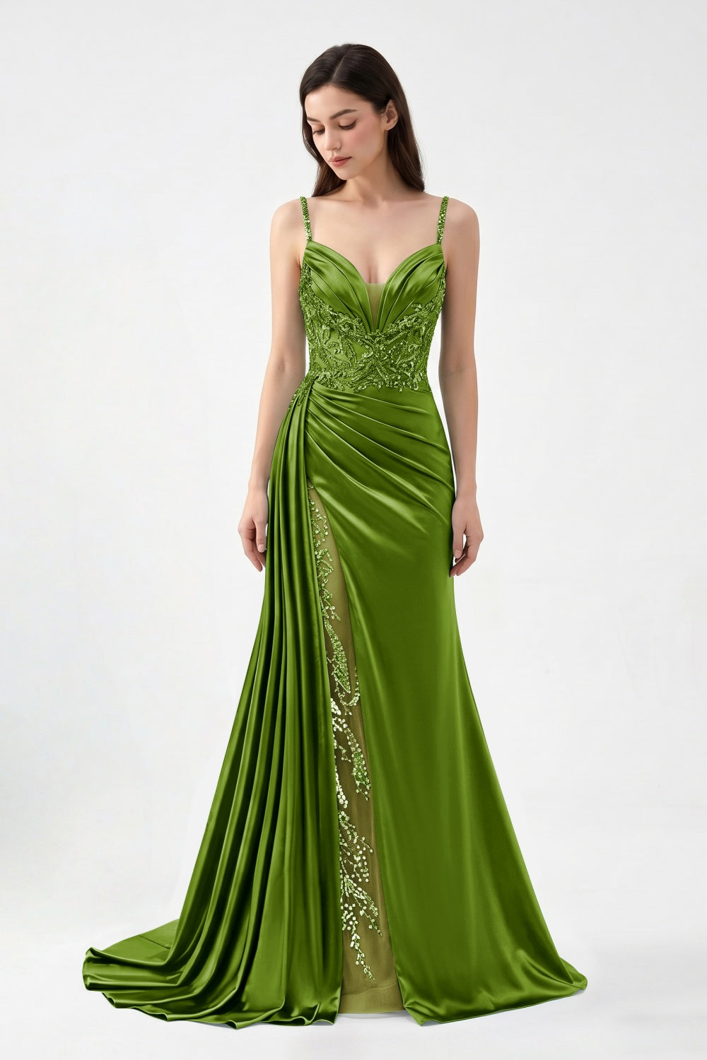 Spaghetti Straps Turquoise Satin Appliqued Sheath Prom Dress with Slit