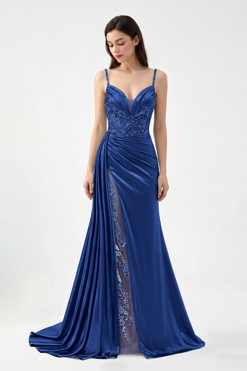 Spaghetti Straps Turquoise Satin Appliqued Sheath Prom Dress with Slit
