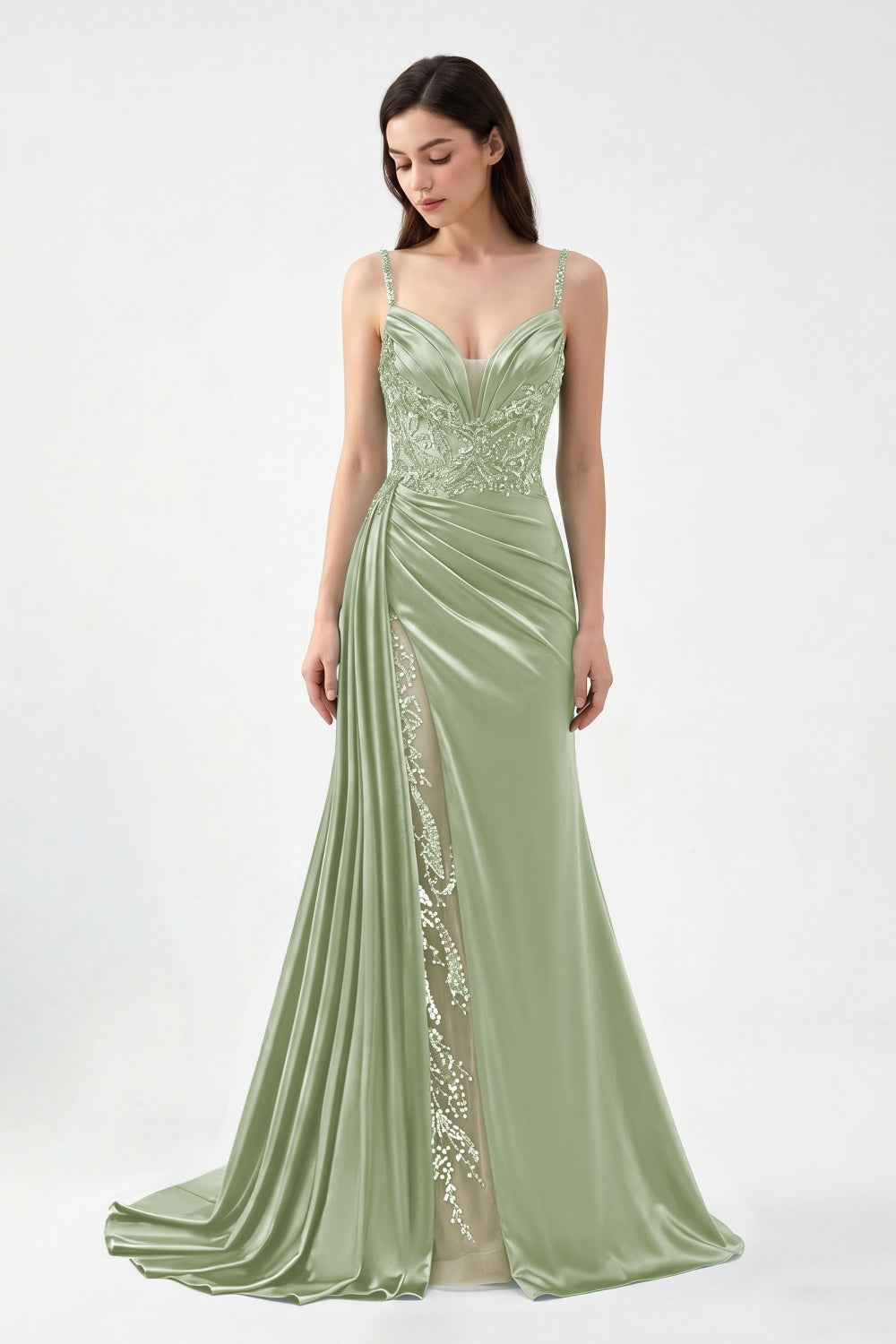 Spaghetti Straps Turquoise Satin Appliqued Sheath Prom Dress with Slit