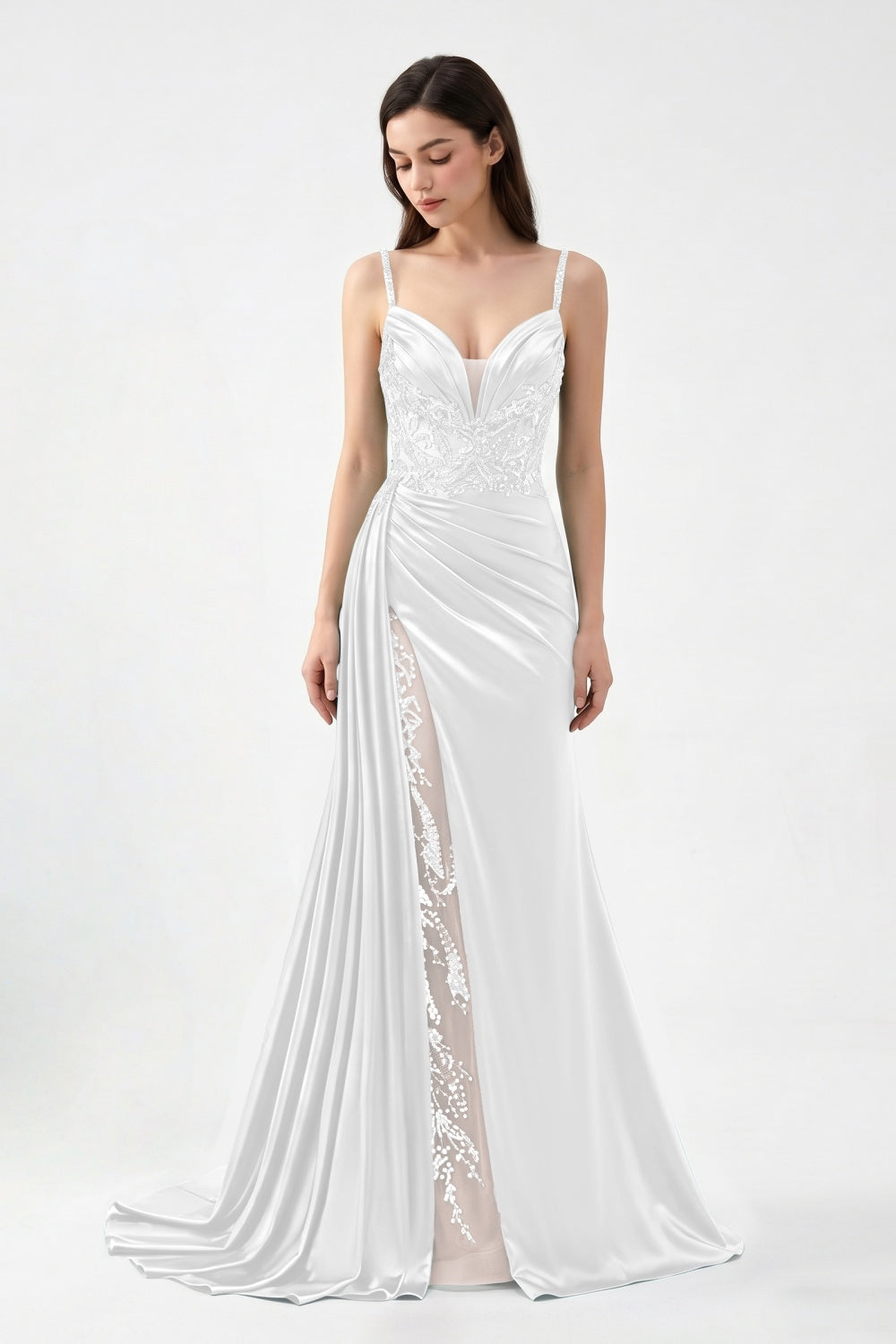 Spaghetti Straps Turquoise Satin Appliqued Sheath Prom Dress with Slit