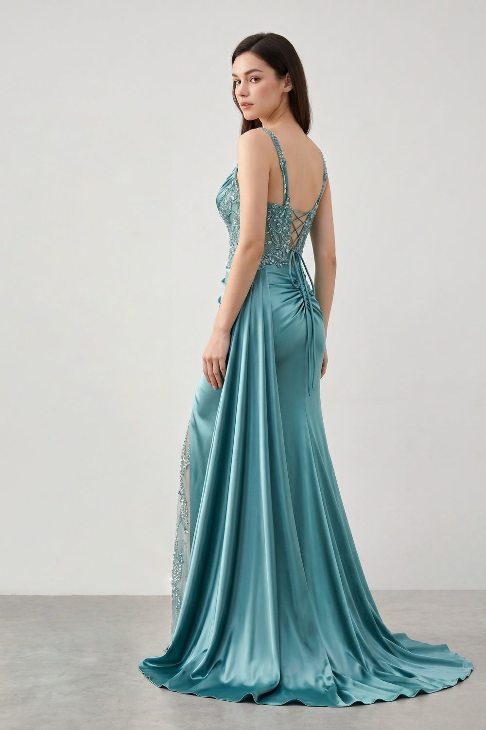 Spaghetti Straps Turquoise Satin Appliqued Sheath Prom Dress with Slit
