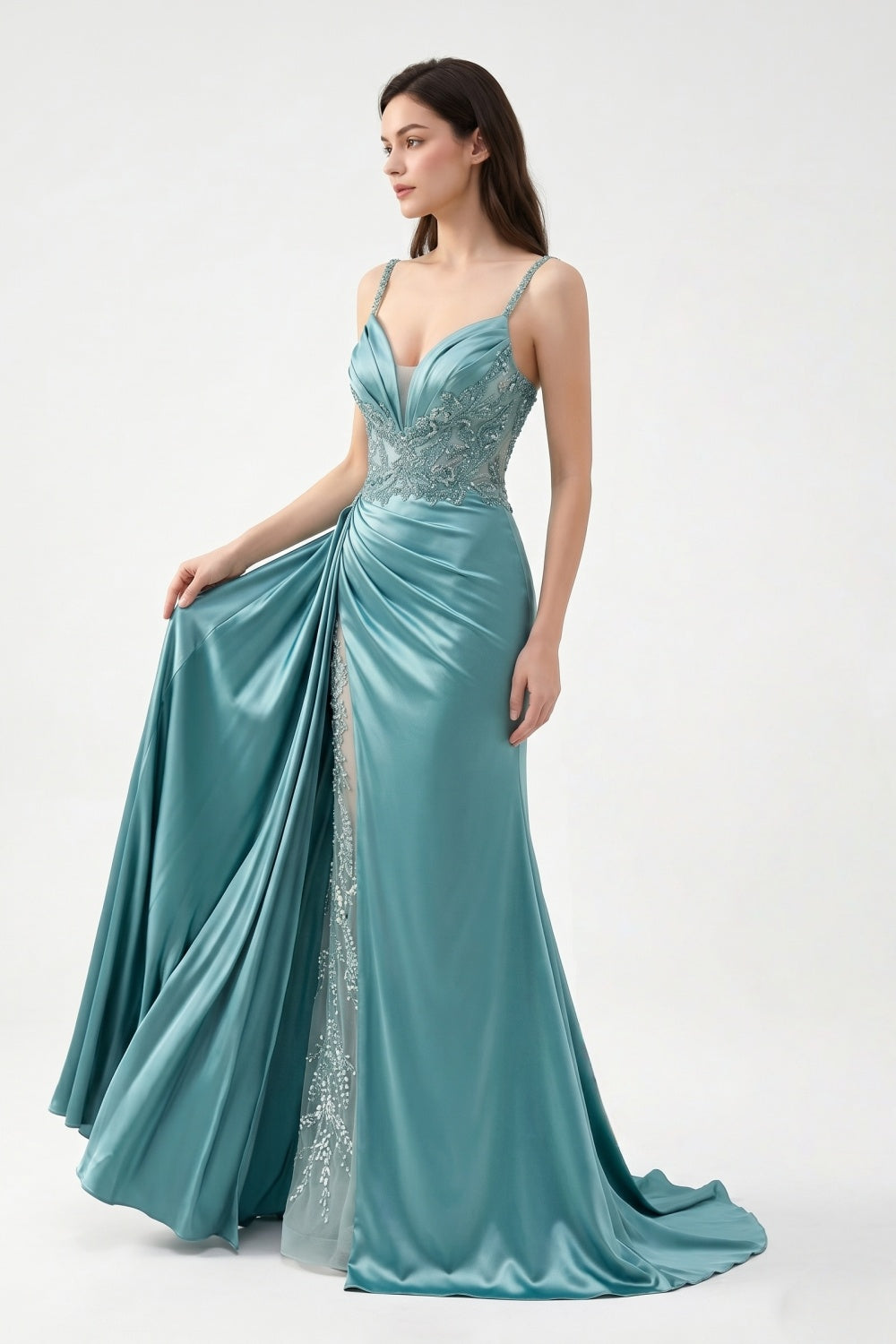 Spaghetti Straps Turquoise Satin Appliqued Sheath Prom Dress with Slit