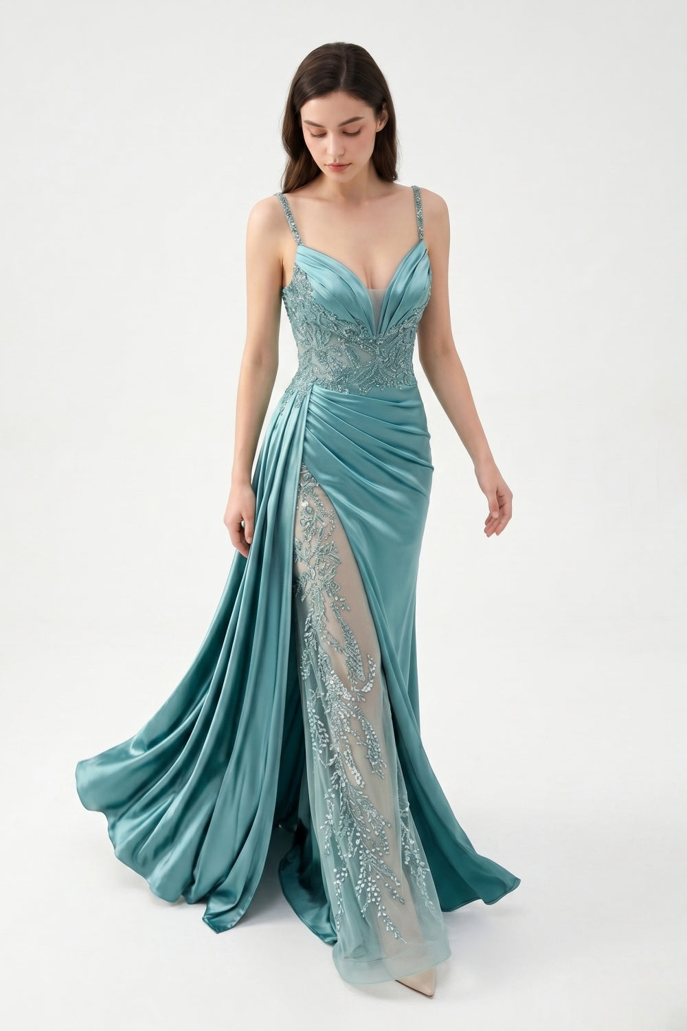 Spaghetti Straps Turquoise Satin Appliqued Sheath Prom Dress with Slit