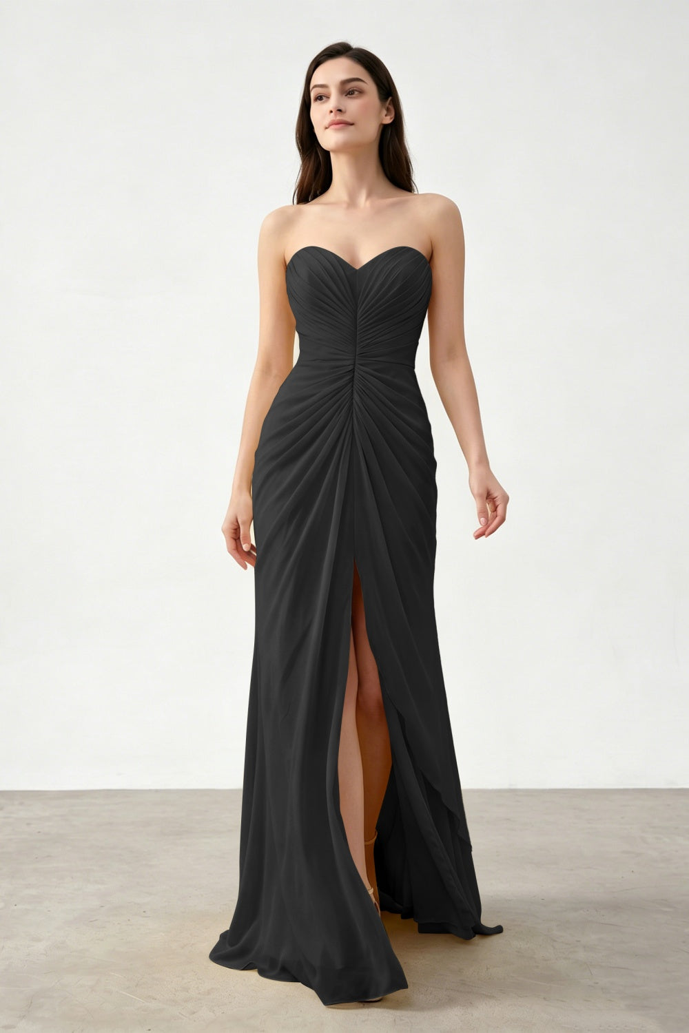 Yellow Sweetheart Sheath Chiffon Ruched Long Prom Dress with Slit