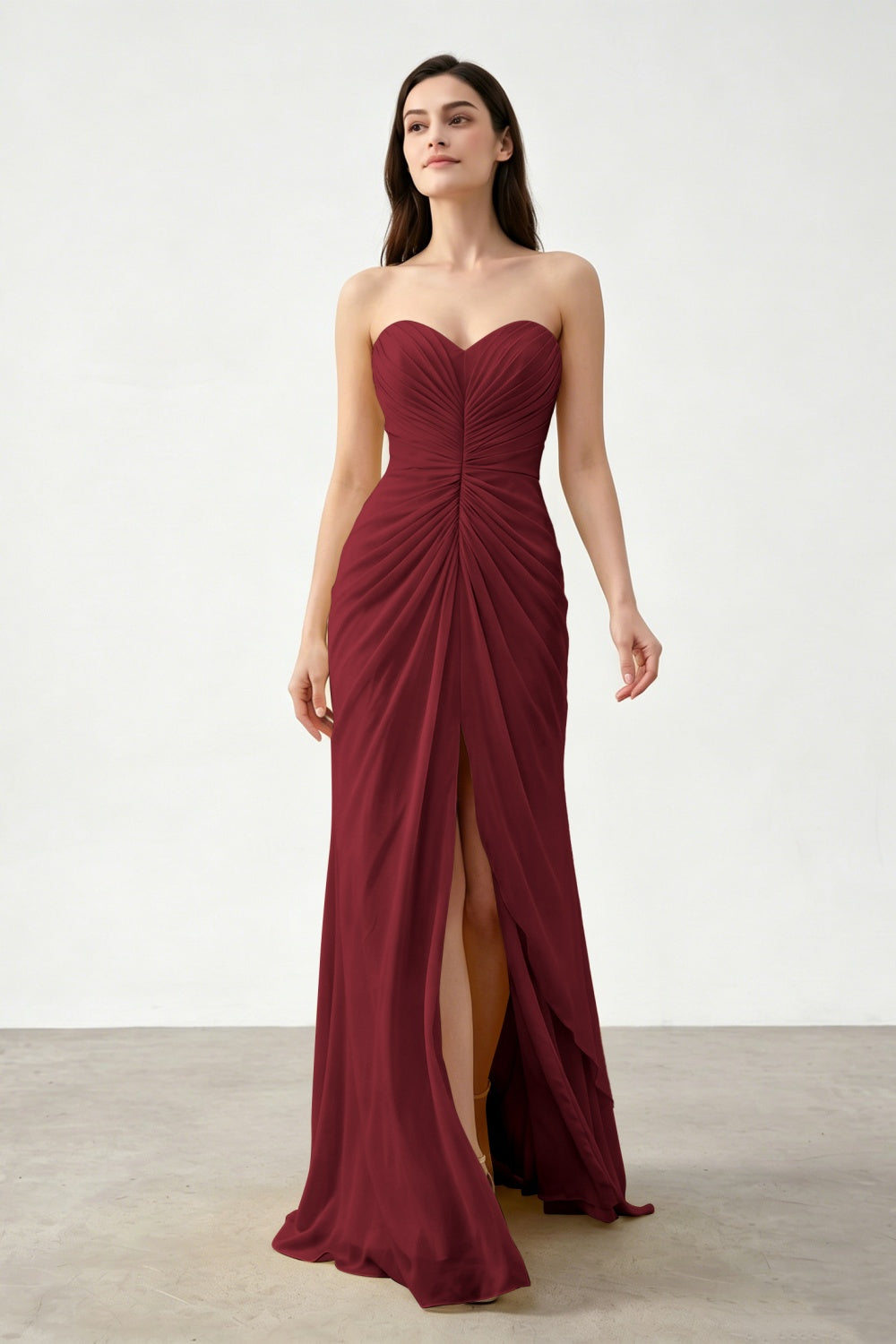Yellow Sweetheart Sheath Chiffon Ruched Long Prom Dress with Slit