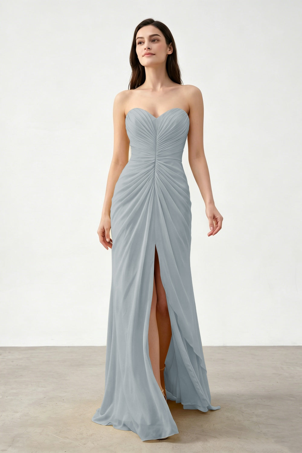 Yellow Sweetheart Sheath Chiffon Ruched Long Prom Dress with Slit