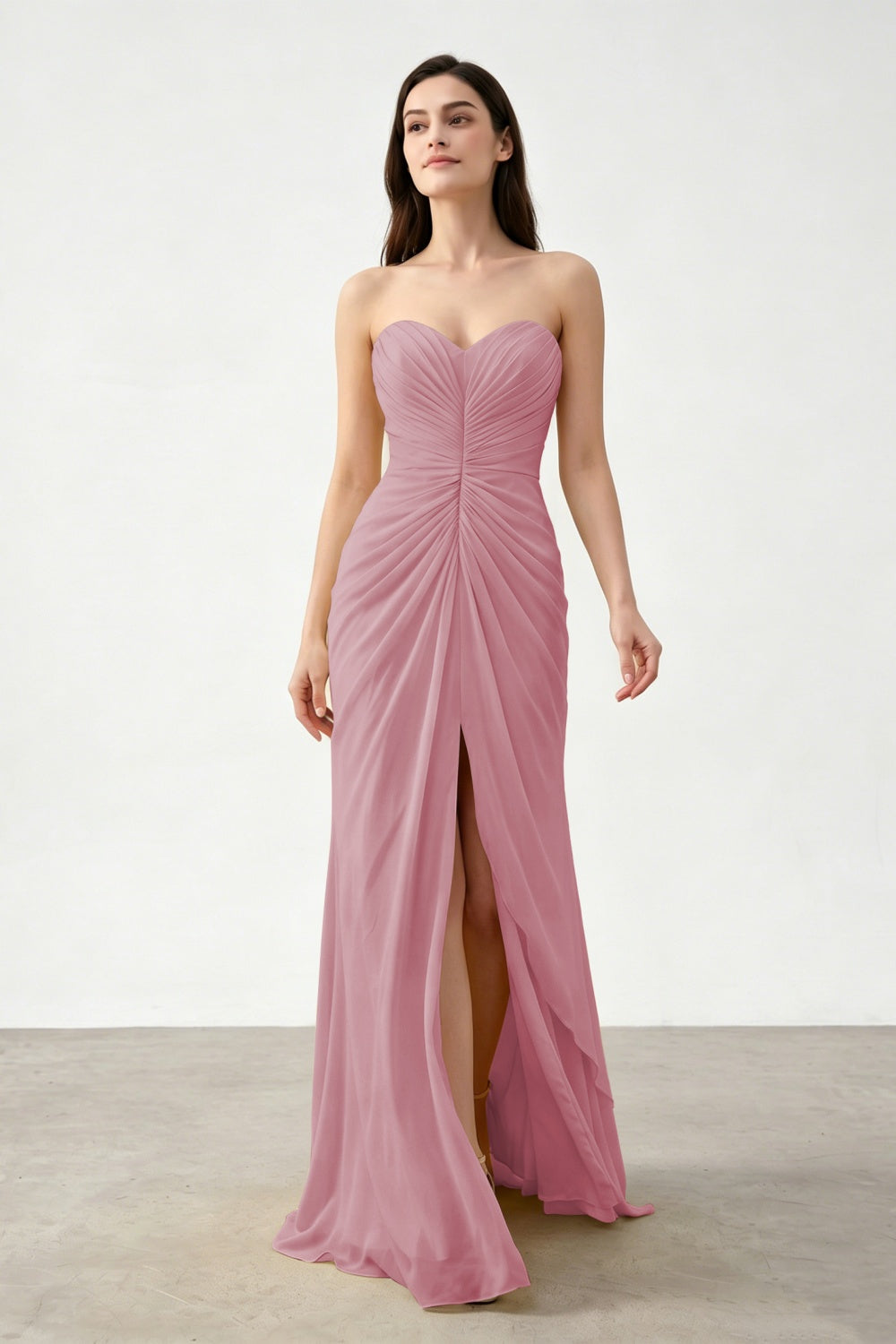 Yellow Sweetheart Sheath Chiffon Ruched Long Prom Dress with Slit