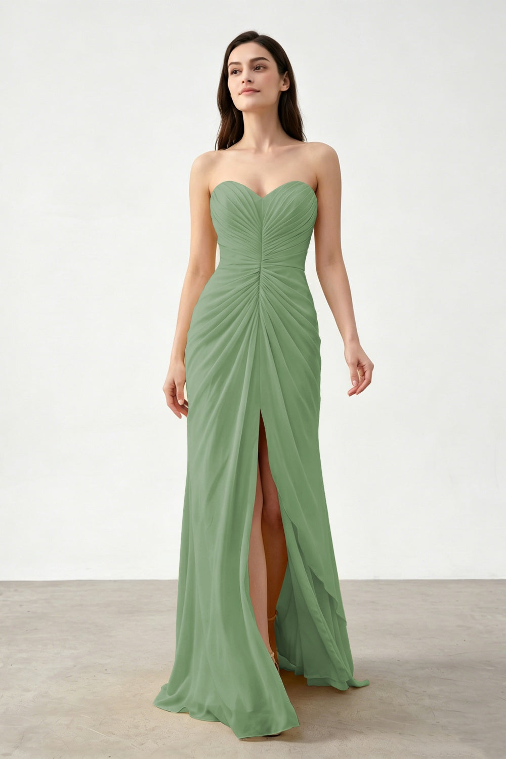 Yellow Sweetheart Sheath Chiffon Ruched Long Prom Dress with Slit