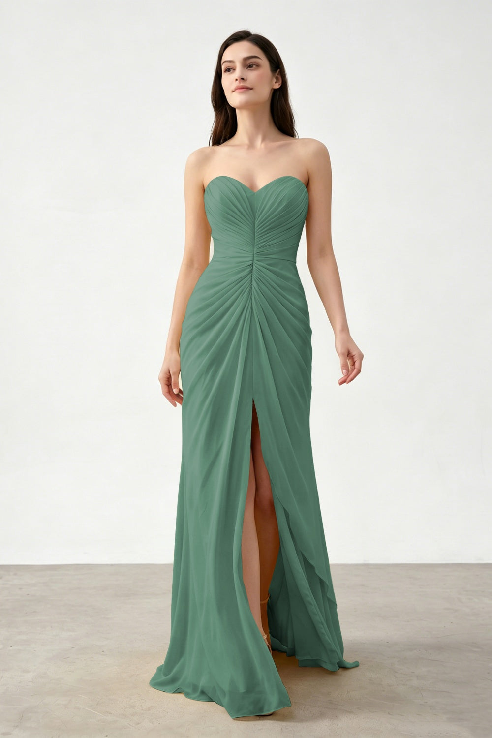 Yellow Sweetheart Sheath Chiffon Ruched Long Prom Dress with Slit