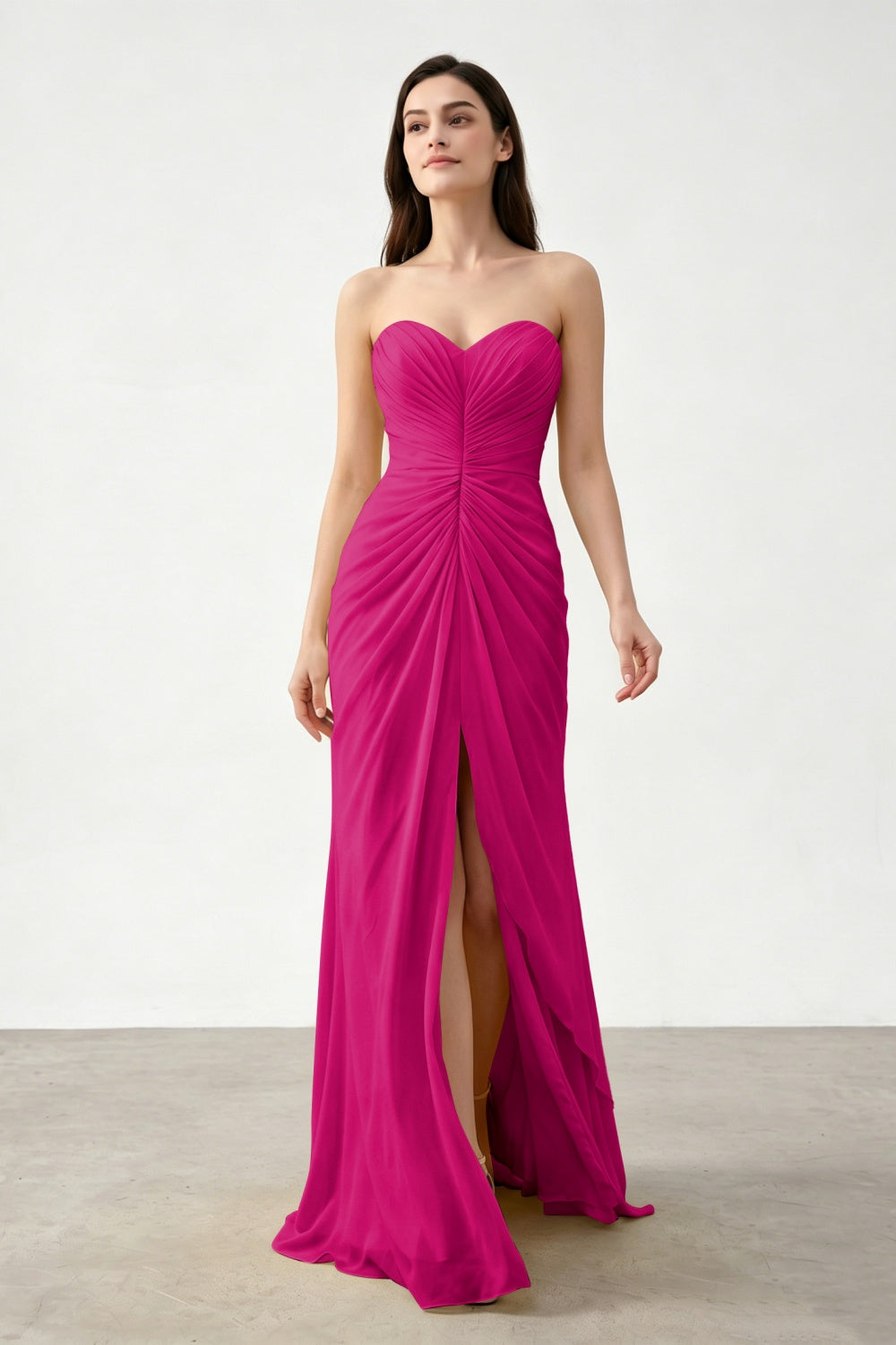 Yellow Sweetheart Sheath Chiffon Ruched Long Prom Dress with Slit