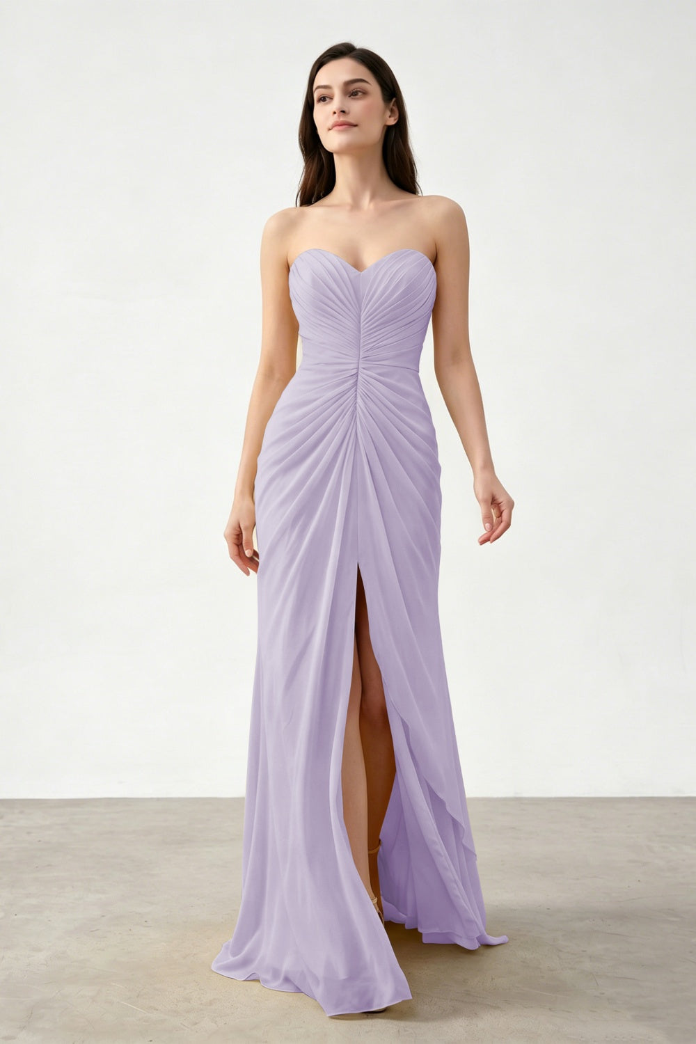 Yellow Sweetheart Sheath Chiffon Ruched Long Prom Dress with Slit