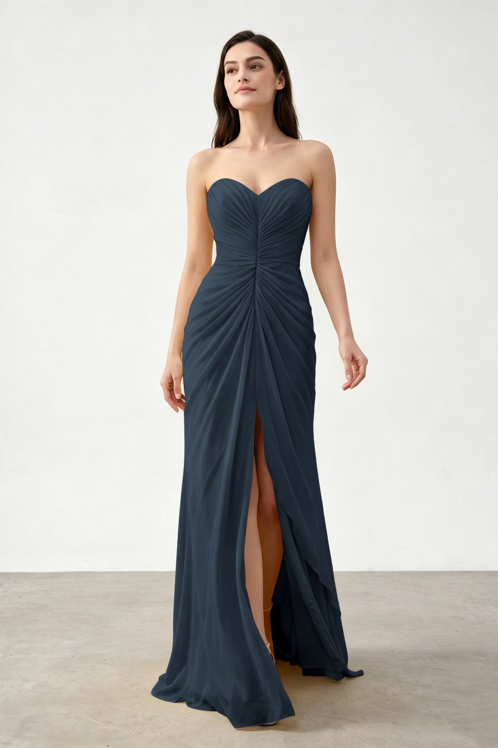 Yellow Sweetheart Sheath Chiffon Ruched Long Prom Dress with Slit
