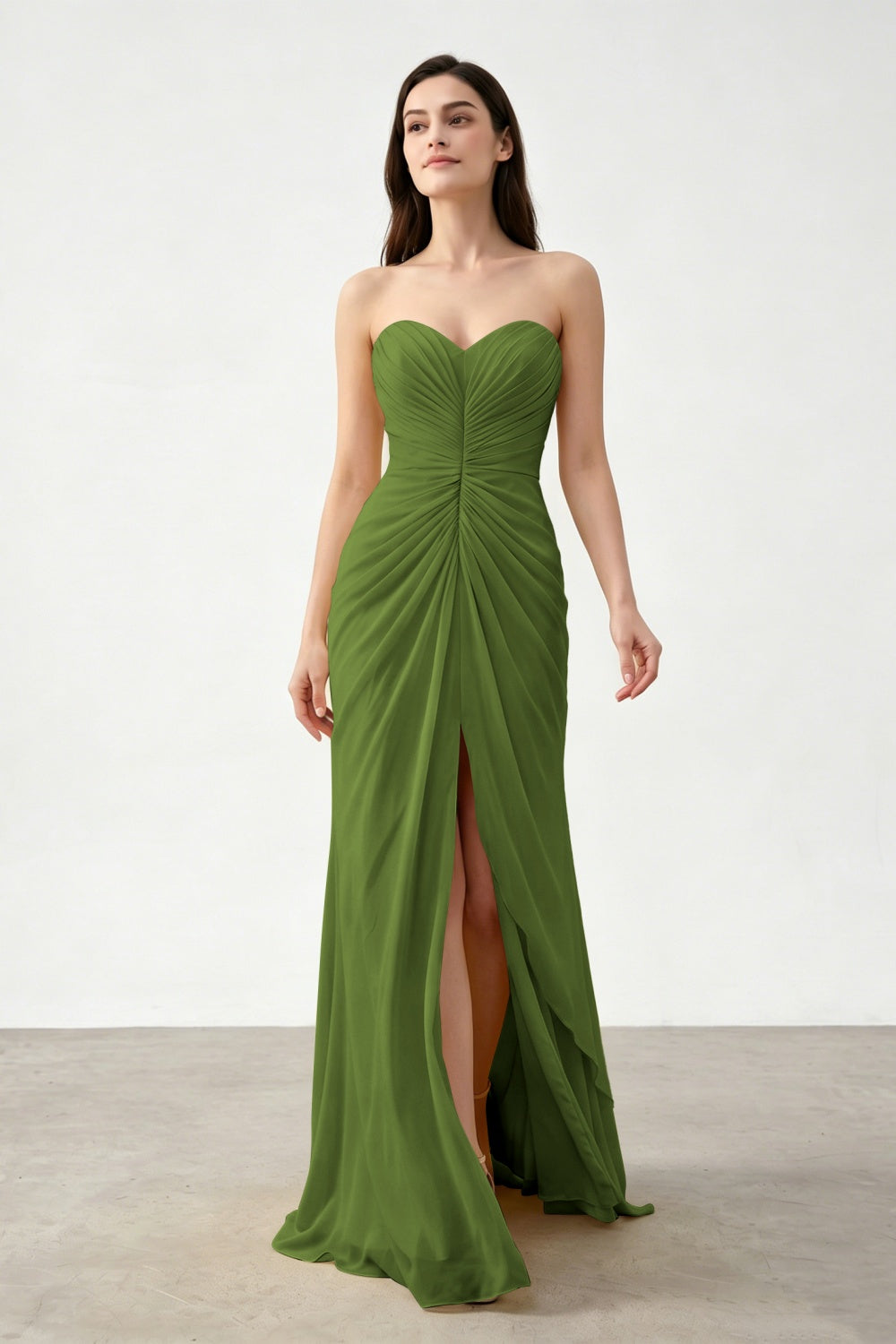 Yellow Sweetheart Sheath Chiffon Ruched Long Prom Dress with Slit