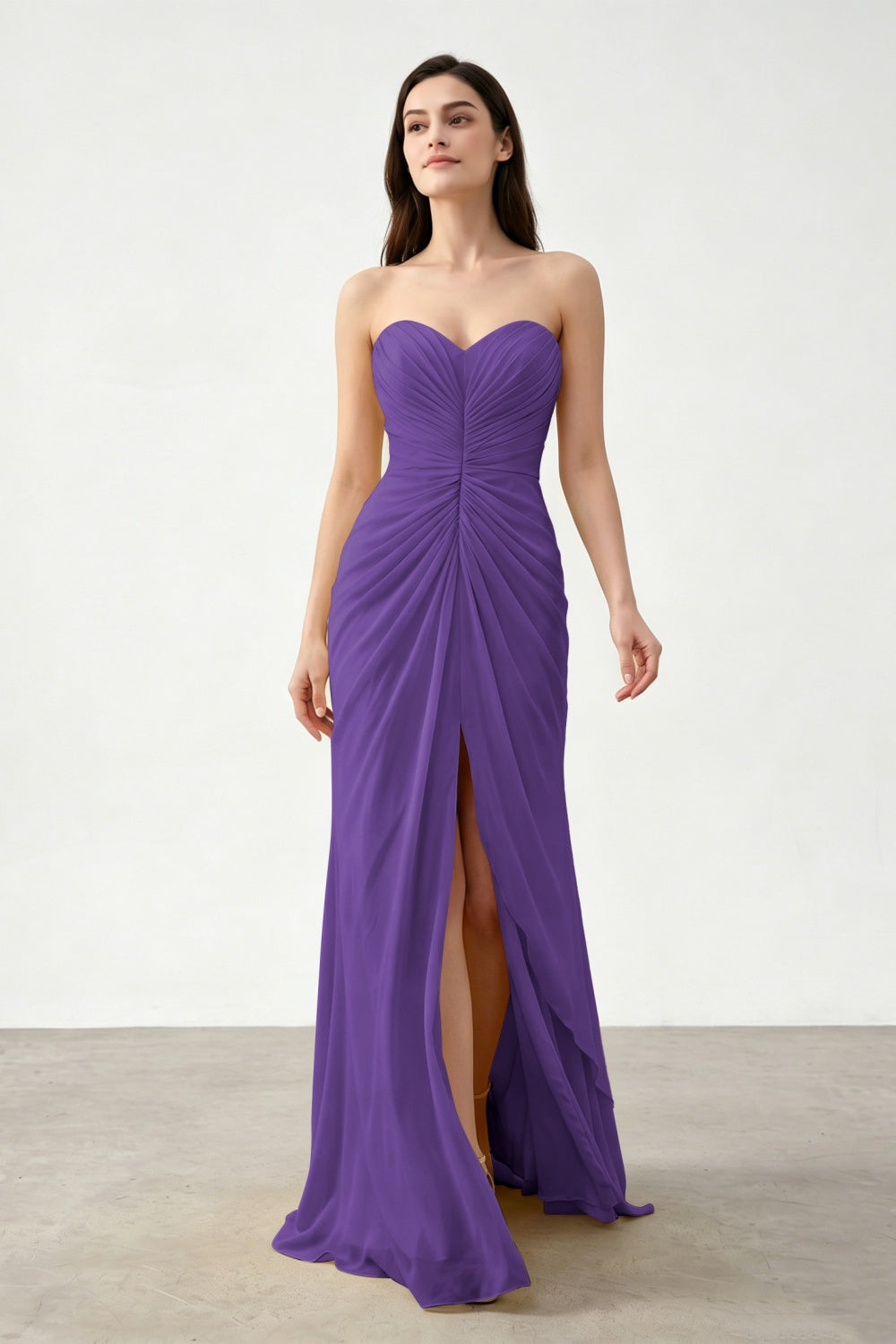 Yellow Sweetheart Sheath Chiffon Ruched Long Prom Dress with Slit