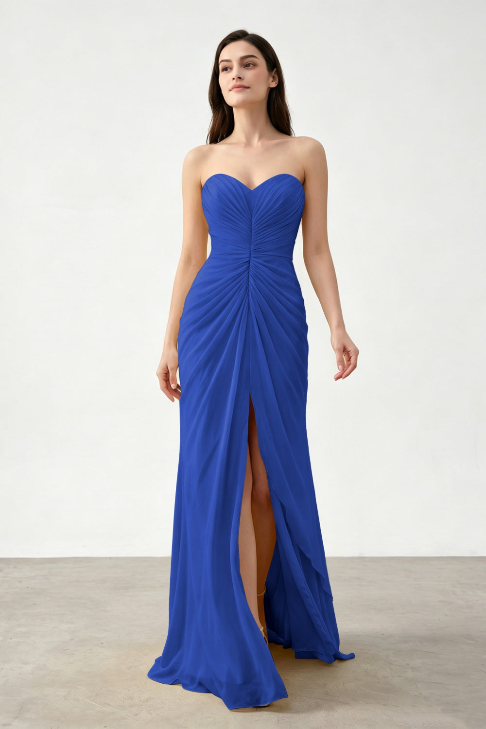 Yellow Sweetheart Sheath Chiffon Ruched Long Prom Dress with Slit