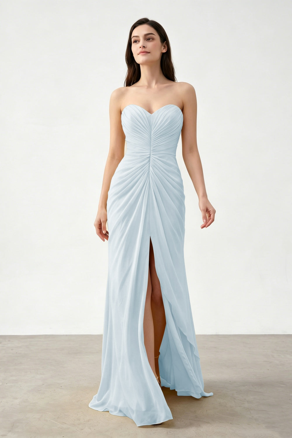 Yellow Sweetheart Sheath Chiffon Ruched Long Prom Dress with Slit