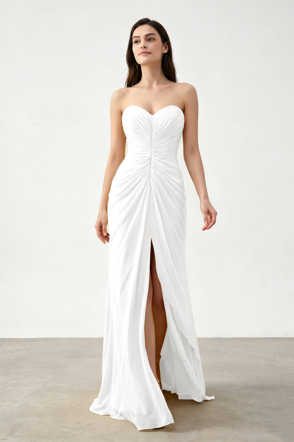 Yellow Sweetheart Sheath Chiffon Ruched Long Prom Dress with Slit