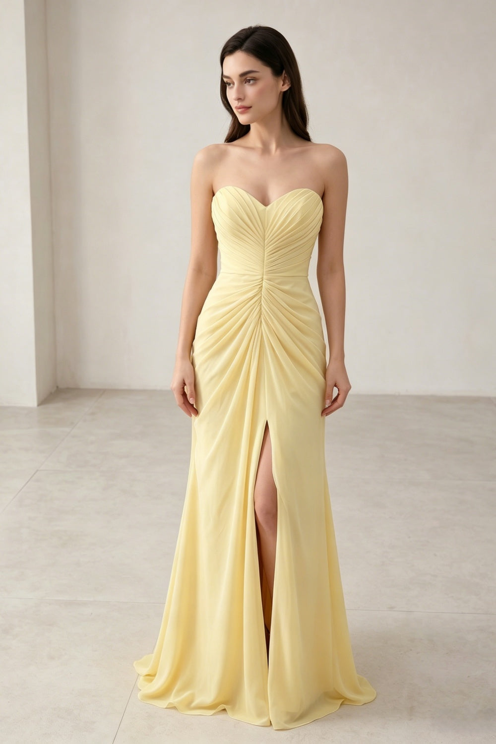 Yellow Sweetheart Sheath Chiffon Ruched Long Prom Dress with Slit