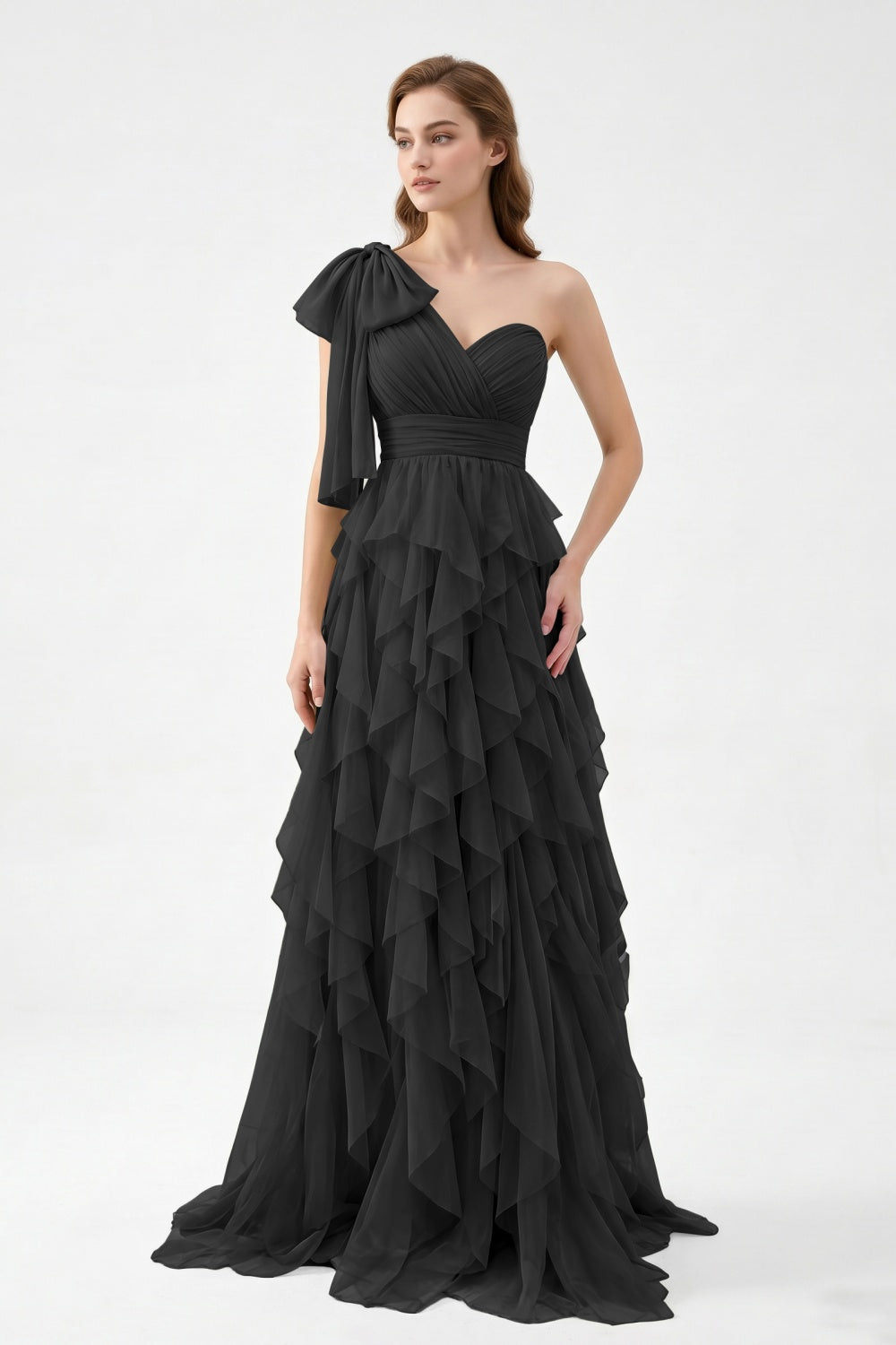One Shoulder Sage Green Chiffon Tiered A-Line Long Prom Dress with Bow