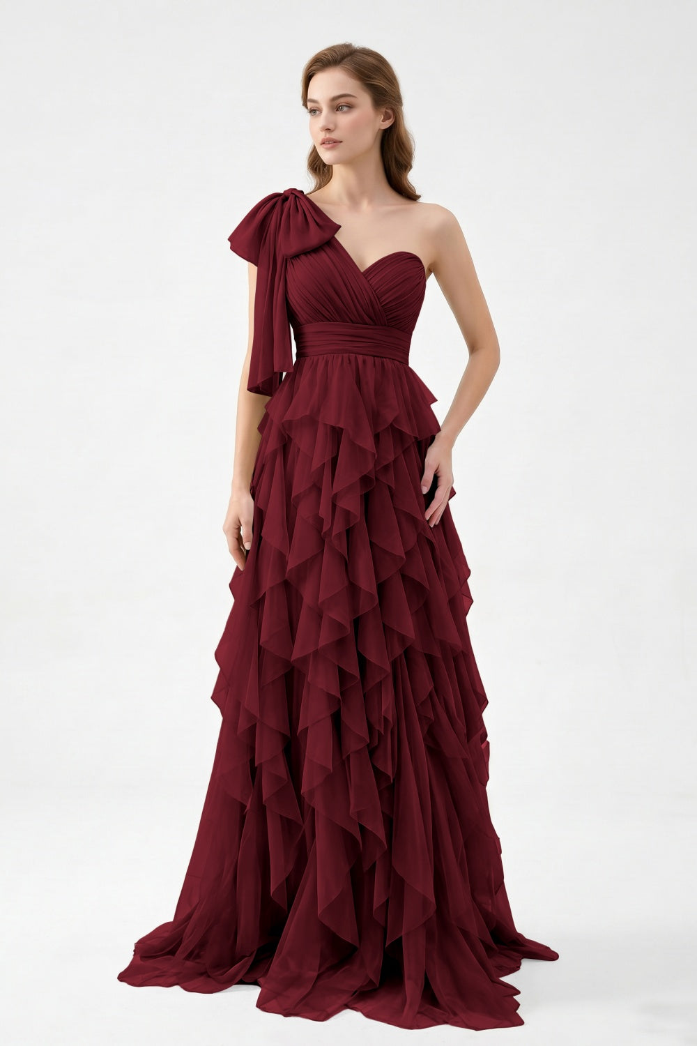 One Shoulder Sage Green Chiffon Tiered A-Line Long Prom Dress with Bow
