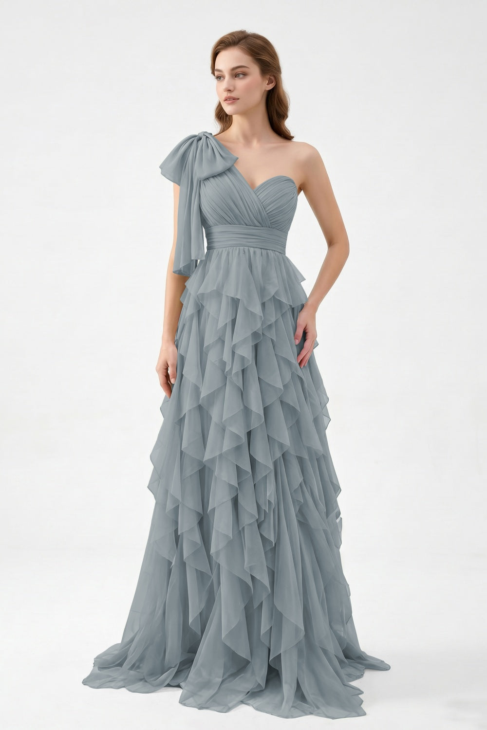 One Shoulder Sage Green Chiffon Tiered A-Line Long Prom Dress with Bow