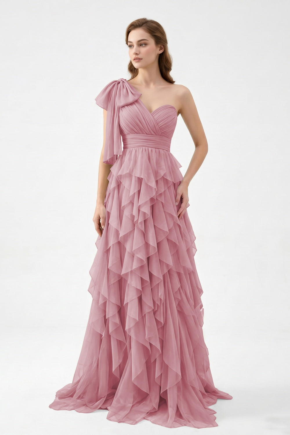 One Shoulder Sage Green Chiffon Tiered A-Line Long Prom Dress with Bow