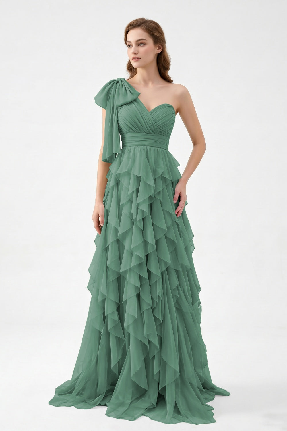 One Shoulder Sage Green Chiffon Tiered A-Line Long Prom Dress with Bow