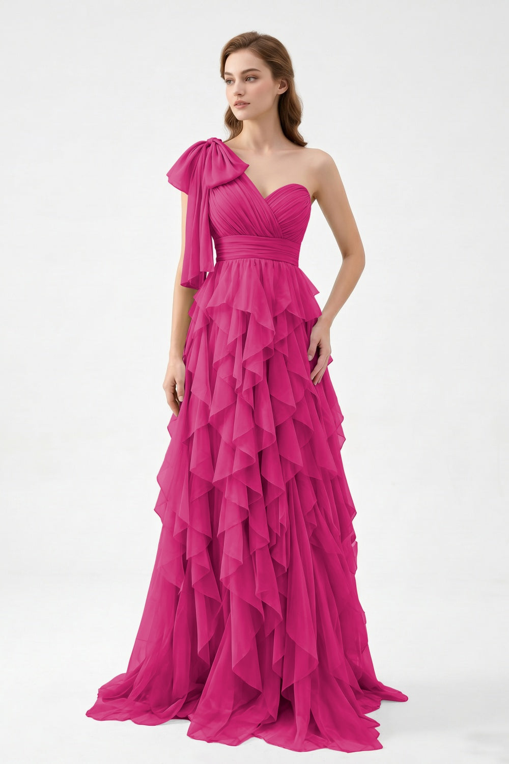 One Shoulder Sage Green Chiffon Tiered A-Line Long Prom Dress with Bow