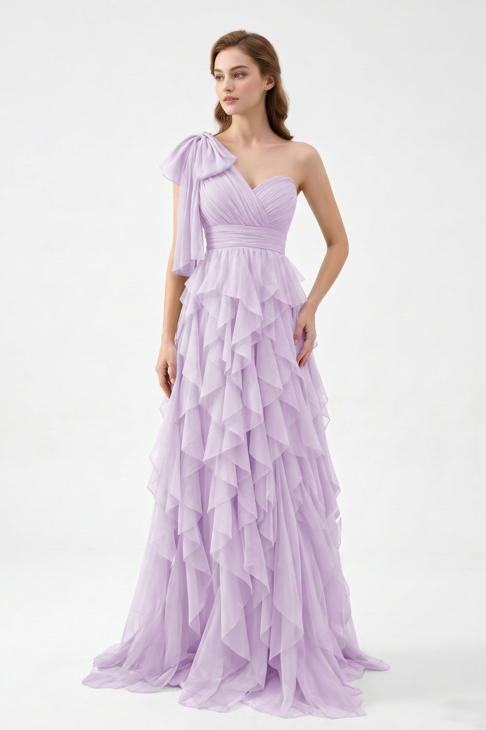 One Shoulder Sage Green Chiffon Tiered A-Line Long Prom Dress with Bow